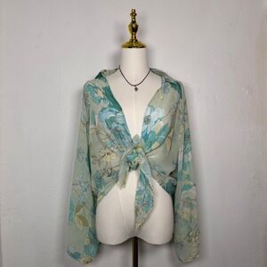 timing semi sheer floral top blue yellow beach coquette romantic coastal chic